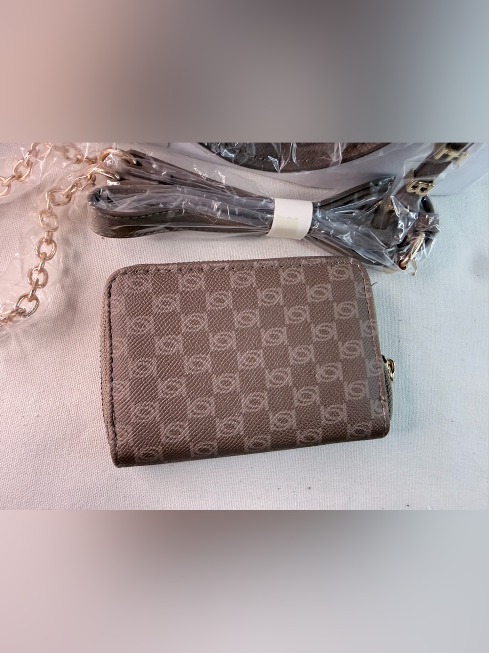 bebe Taupe Logo Satchel with Matching Wallet and keychain - Picture 9 of 15